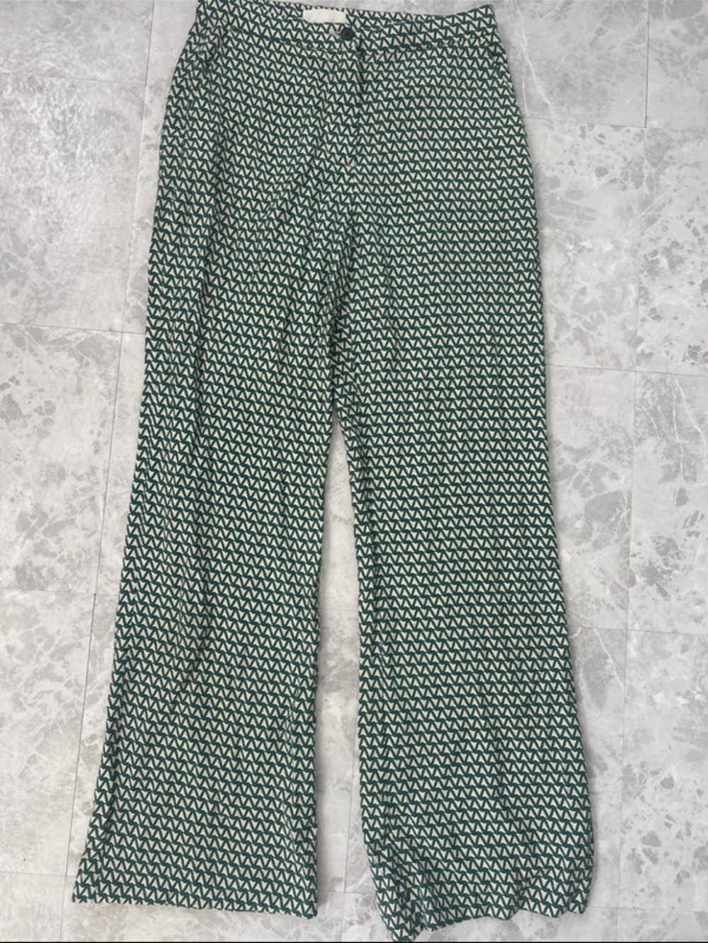 H&M Green and White Wide-Leg Patterned Pants
